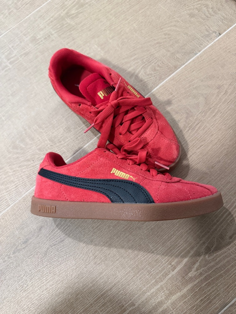 Puma Boys Red Suede Low-Top Sneakers with Gold Logo
